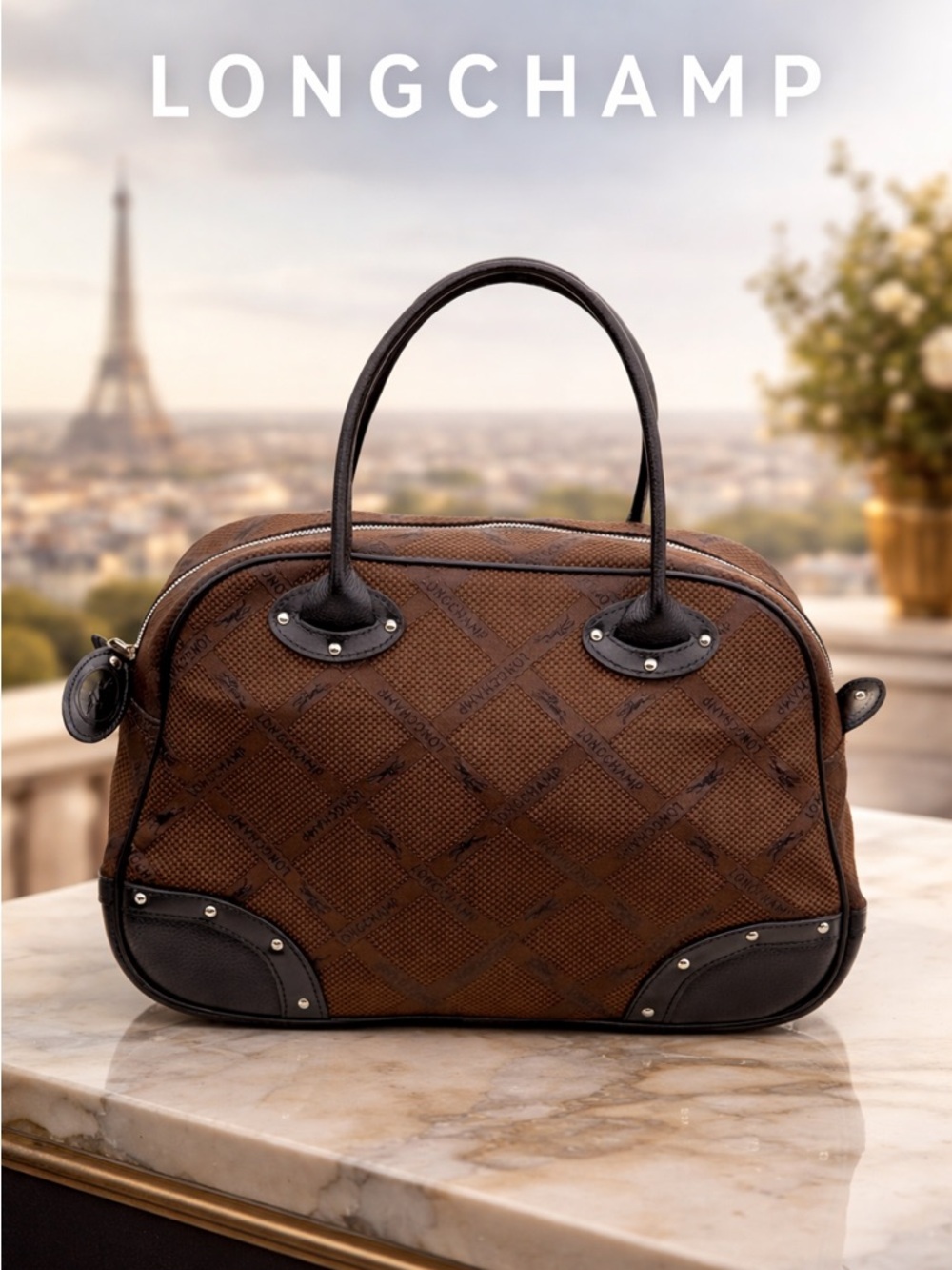 Longchamp Paris Jacquard Satchel Brown Leather Trim Made in France